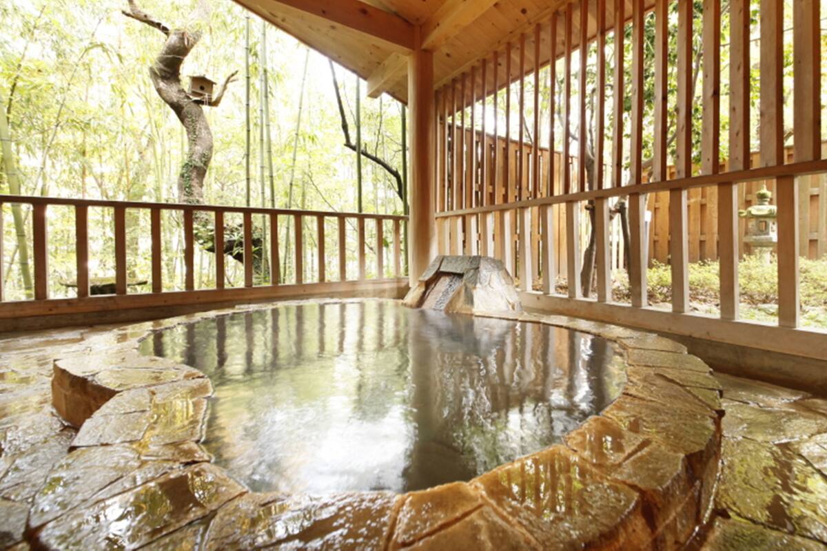 A traditional Japanese onsen with a stone bath, wooden railings, and a view of bamboo trees.