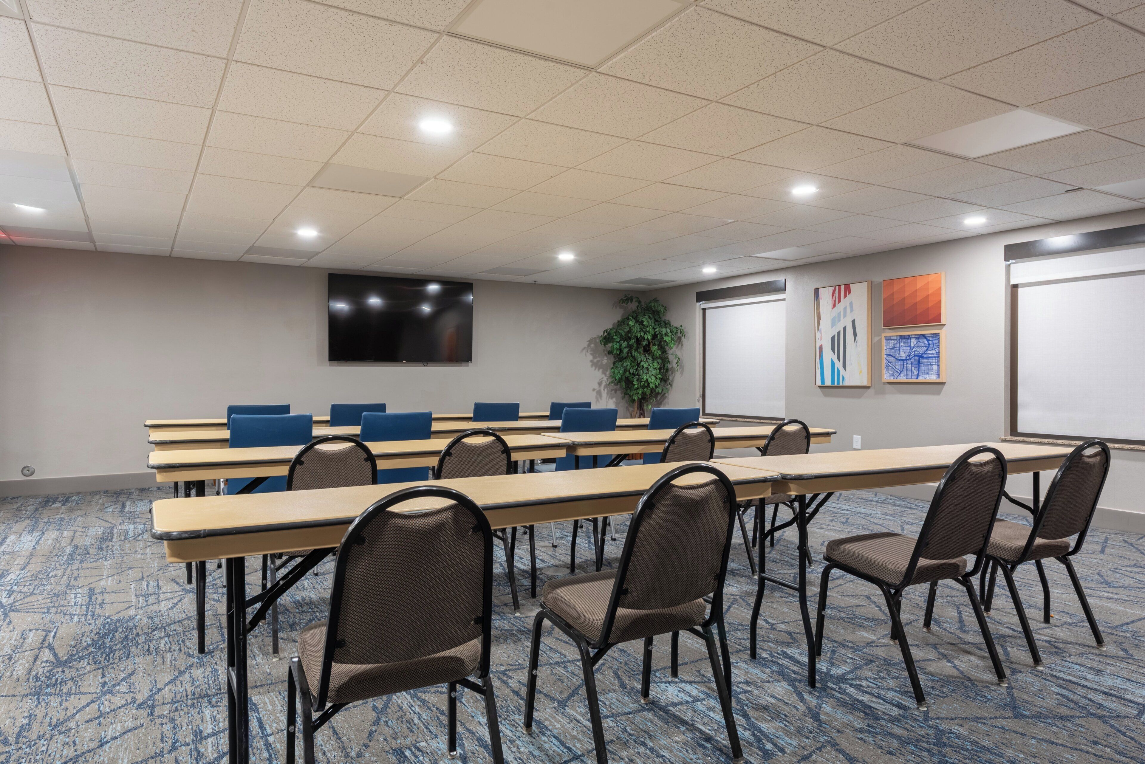 A conference room with a long table, chairs, a projector screen, and a plant.
