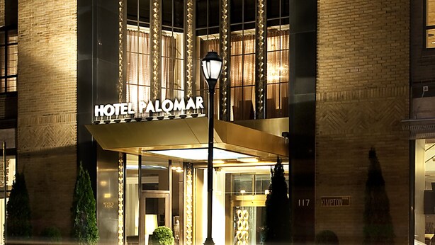 A hotel entrance with a large sign reading "HOTEL PALOMAR". - Kimpton Hotel Palomar Philadelphia by IHG (Philadelphia)