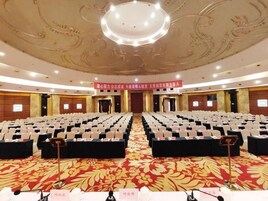 Un salón de conferencias con filas de sillas, un escenario con un atril y suelo alfombrado.