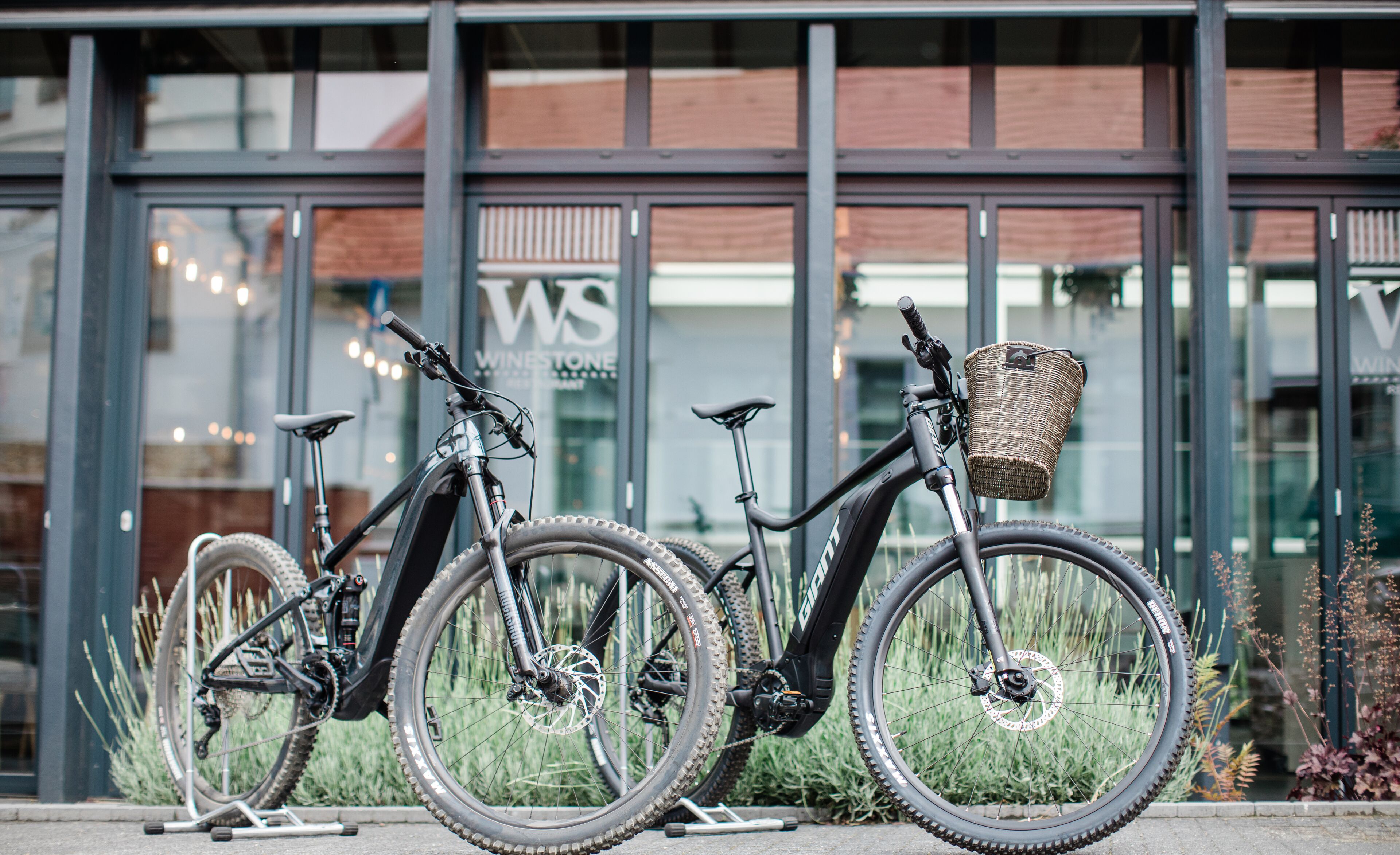 Two bicycles parked in front of a building with large windows and a sign that reads "WS WINESTONE".