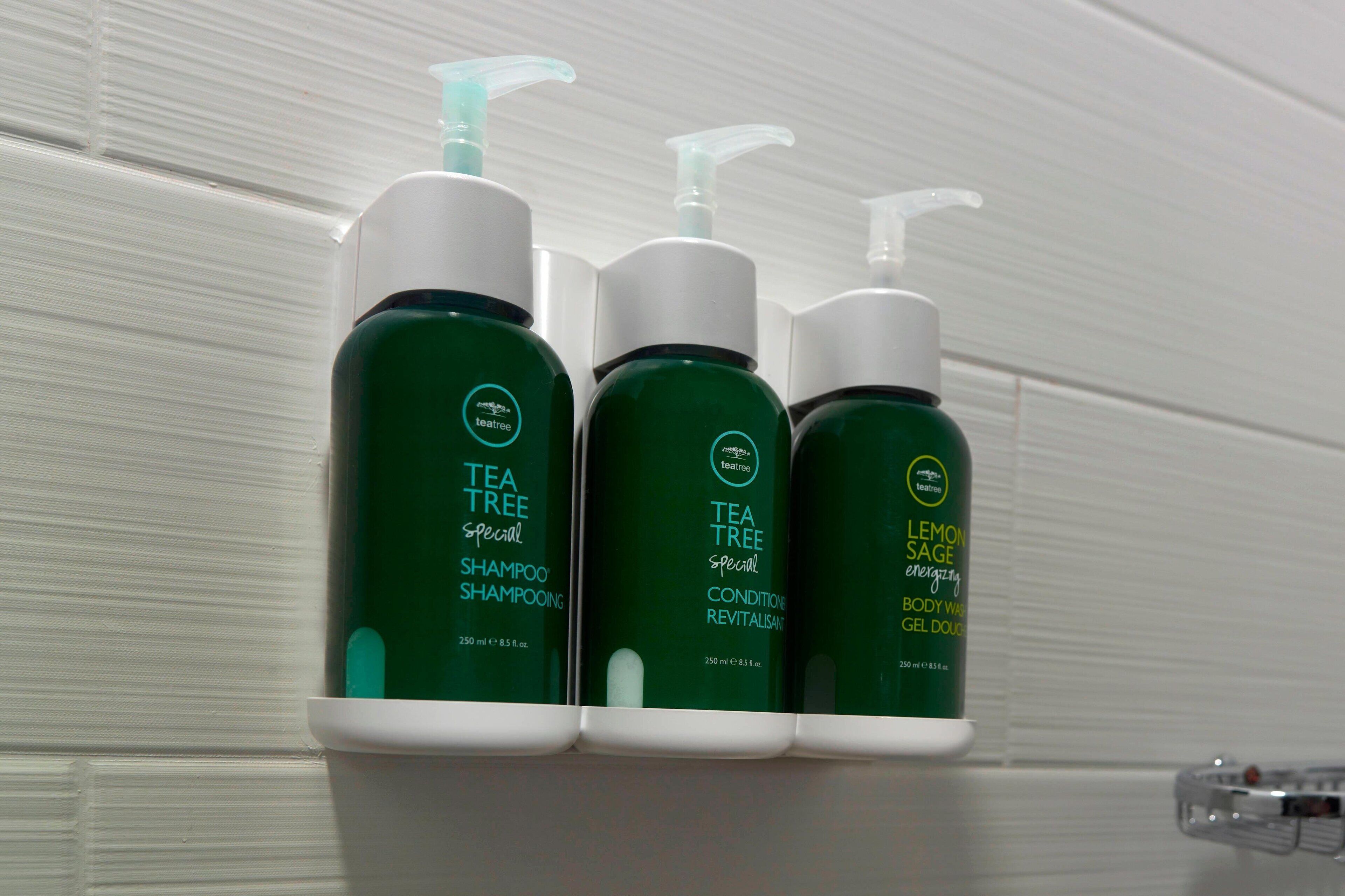 combined shower/bathtub, free toiletries, hair dryer, towels