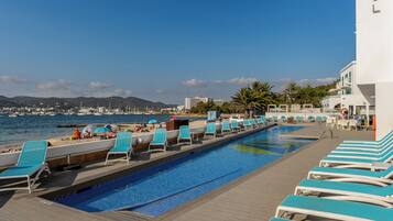 Outdoor pool, pool umbrellas, pool loungers