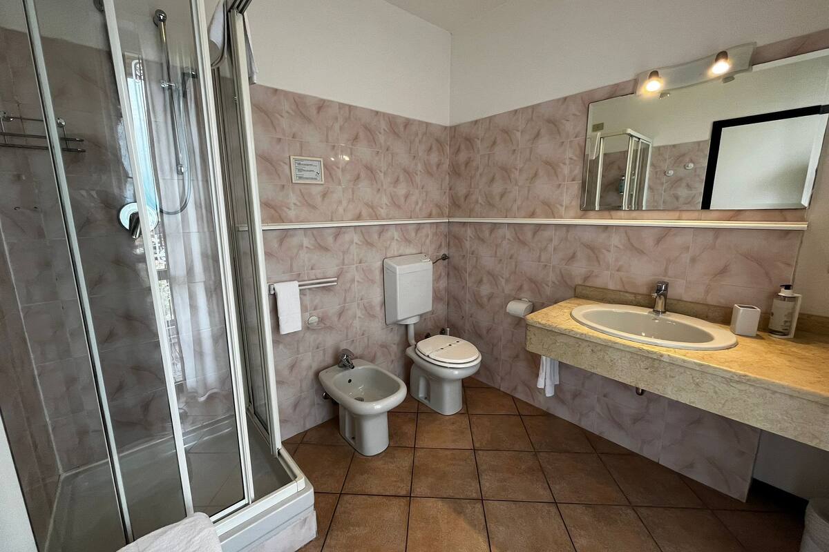 deluxe double room, balcony, lake view | bathroom | shower, hair dryer, bidet, towels