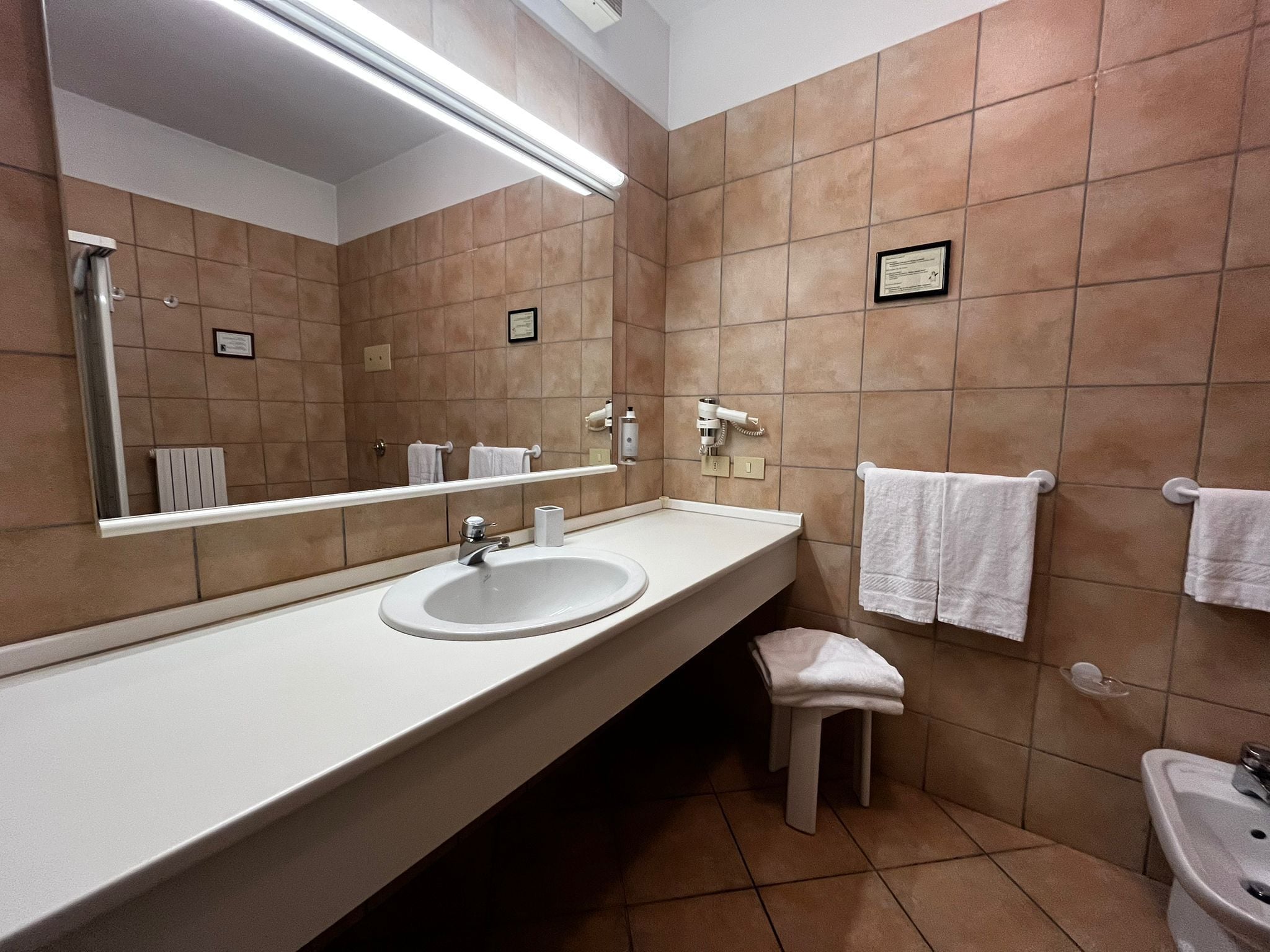 standard triple room | bathroom | shower, hair dryer, bidet, towels