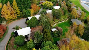 An aerial view of a residential area with houses surrounded by dense trees and a river.