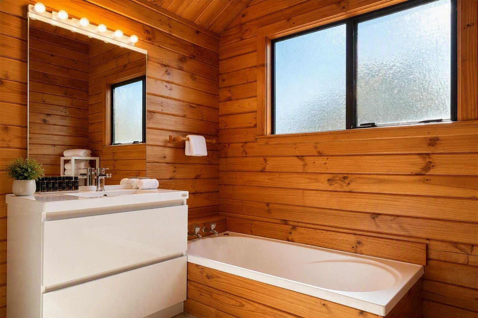 Ein Badezimmer einer Holzhütte mit einer Badewanne, einem Schminktisch mit Spiegel und einem Fenster.