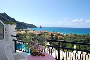 A balcony with a view of the sea, a white chair, and a table with a potted plant. - Aloha Hotel (Corfu)