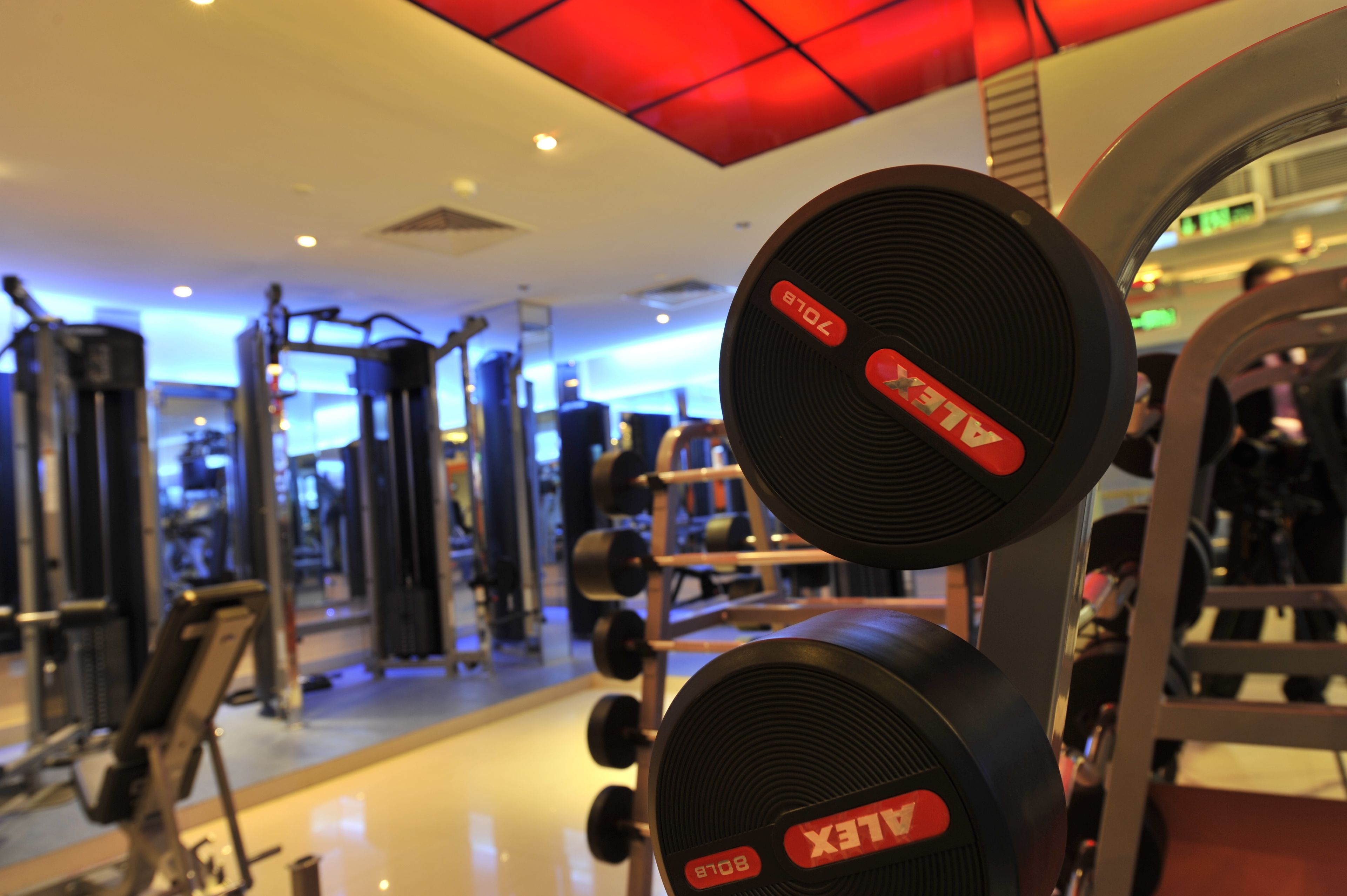 A gym with exercise equipment, including dumbbells and a treadmill.