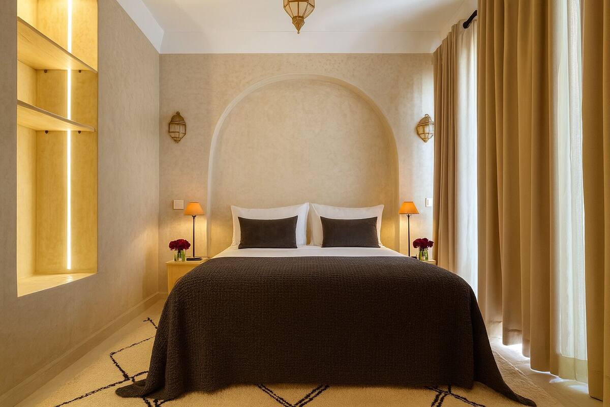 Habitación de hotel con una cama grande, dos lámparas de noche, una ventana con cortinas y un estante fijado a la pared.