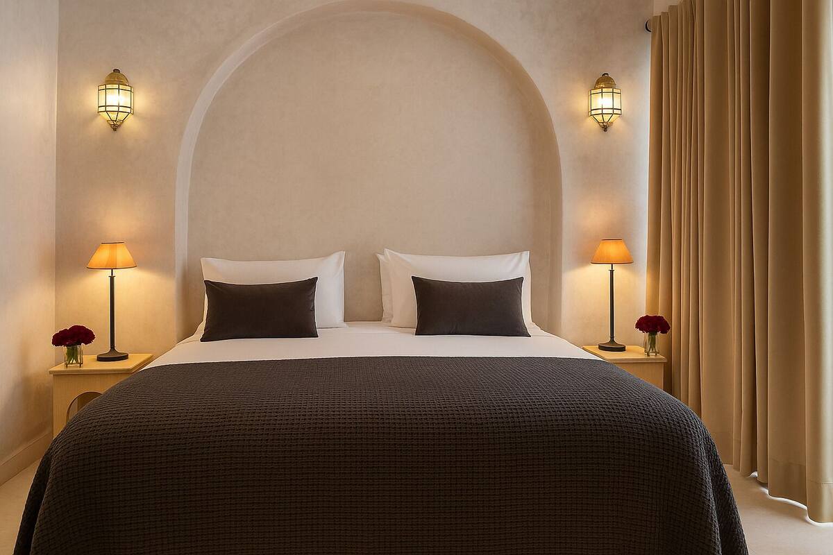 Habitación de hotel con una cama grande, dos lámparas de noche y un florero con flores en cada mesita.