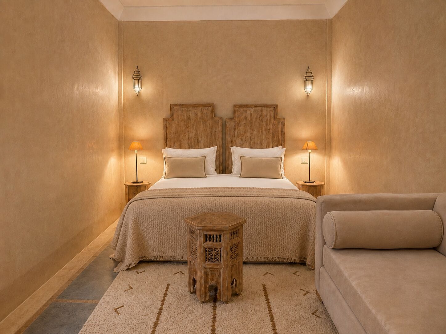 Un dormitorio con una cama grande, dos lámparas de noche, un taburete de madera y un sofá.