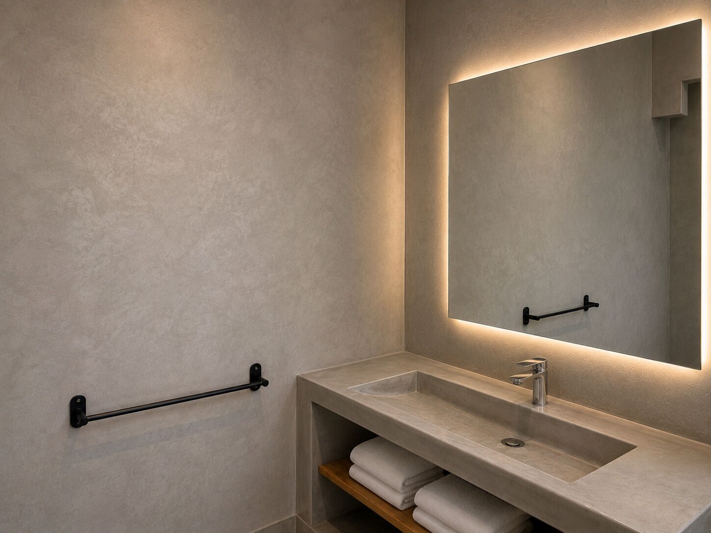 Un baño moderno con un espejo grande, un perchero para toallas y un lavabo.