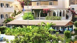 A coastal residential area with multiple two-story houses featuring balconies, surrounded by lush greenery and rocky terrain. - Kyra Panaghia (Karpathos)