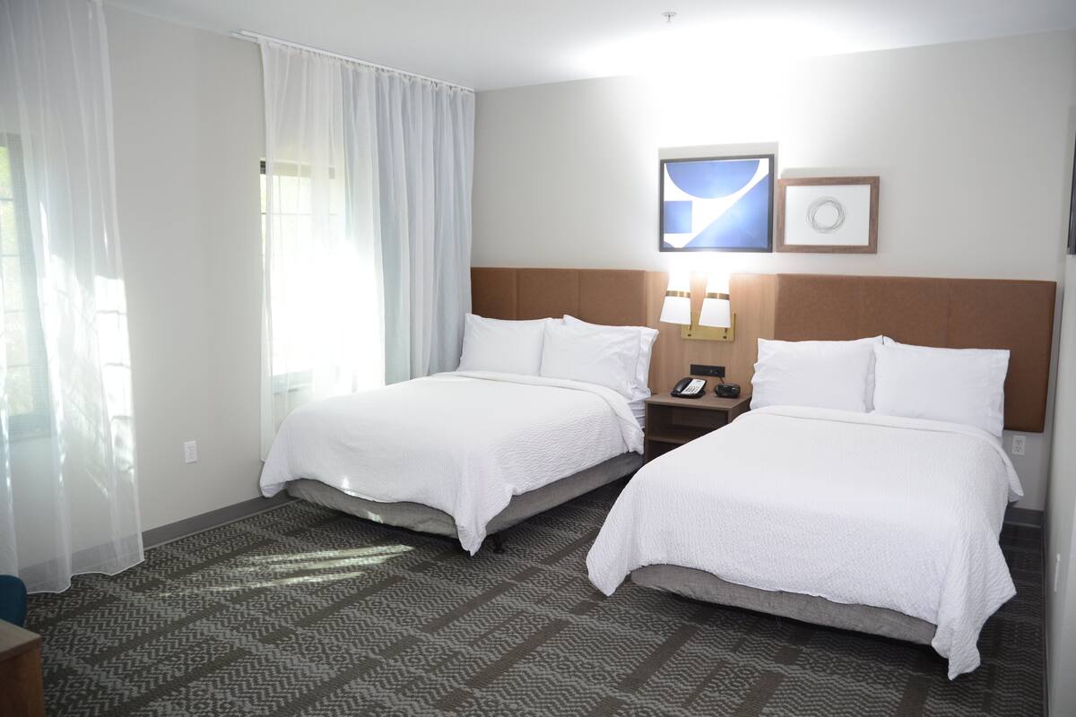 A hotel room with two beds, a patterned carpet, a nightstand with a lamp, and a window with sheer curtains.
