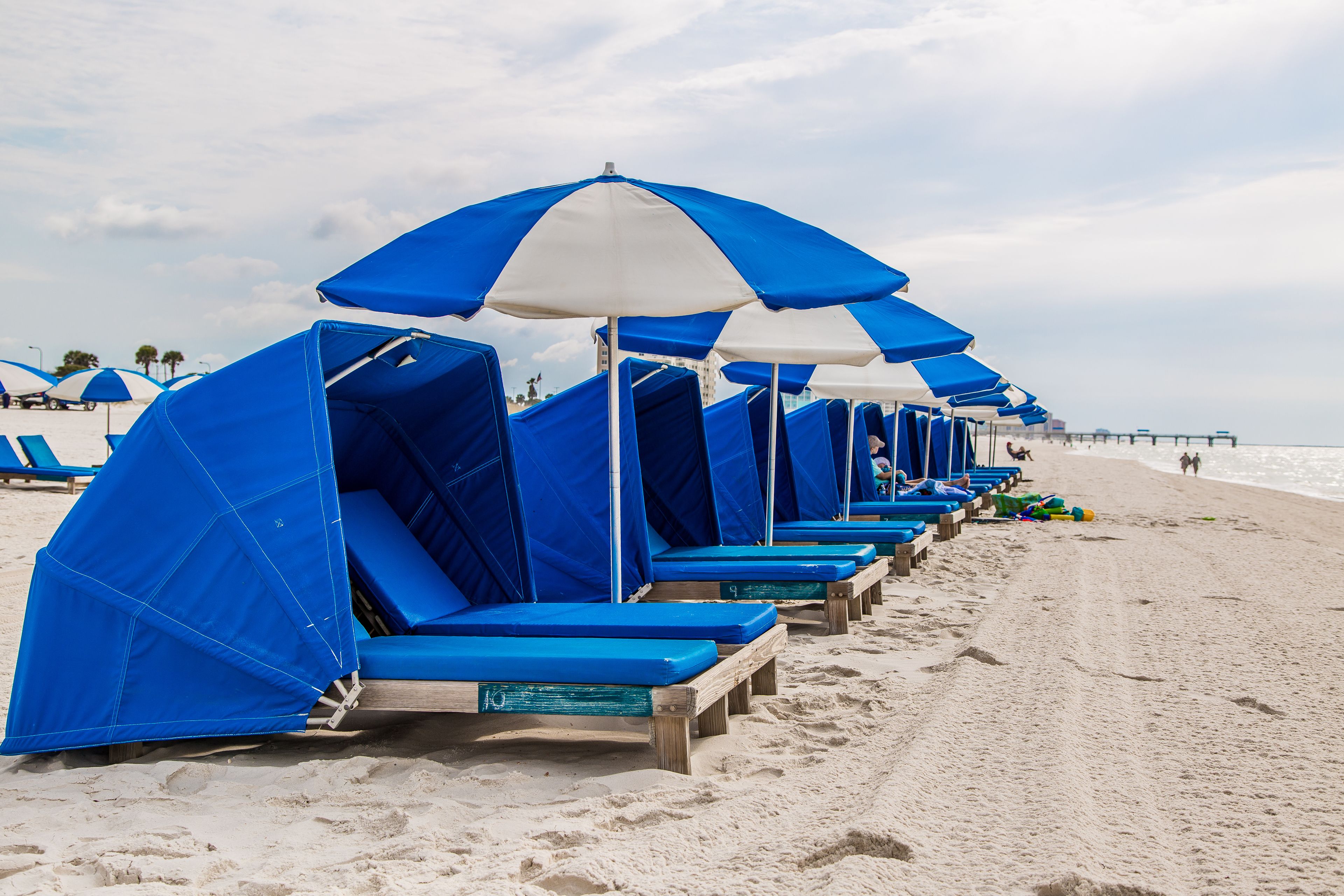 A row of beach chairs with blue and white umbrellas, arranged on a sandy beach.