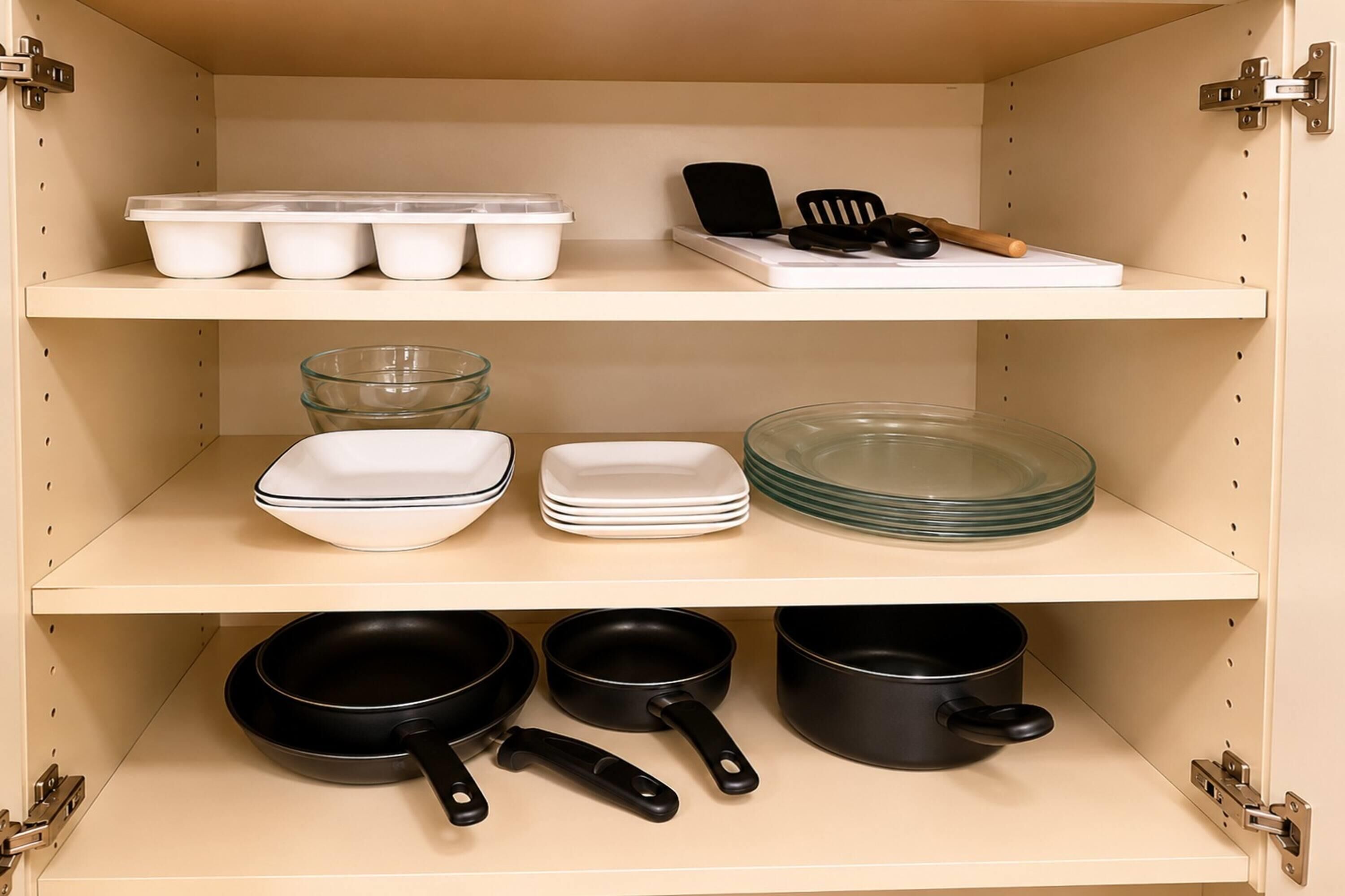 A kitchen cabinet with shelves holding various kitchenware items.