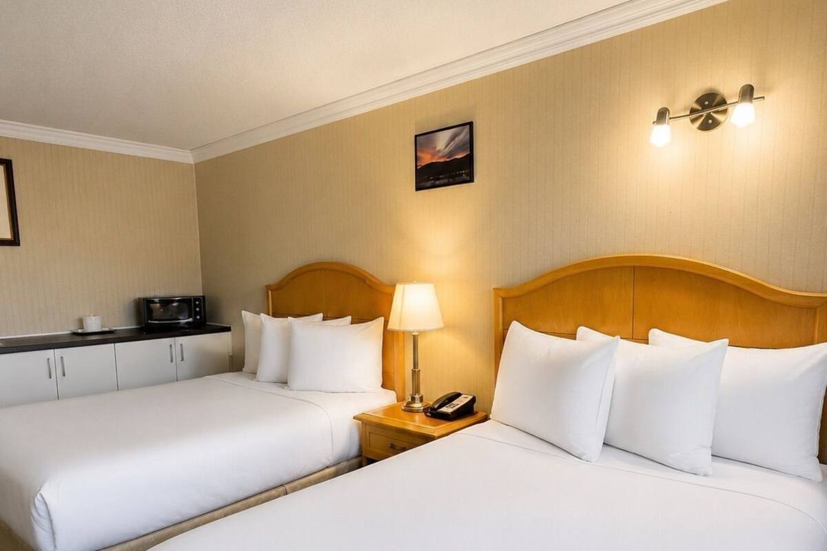 Una habitación de hotel con dos camas, una mesita de noche con lámpara, un microondas y un pequeño cuadro en la pared.