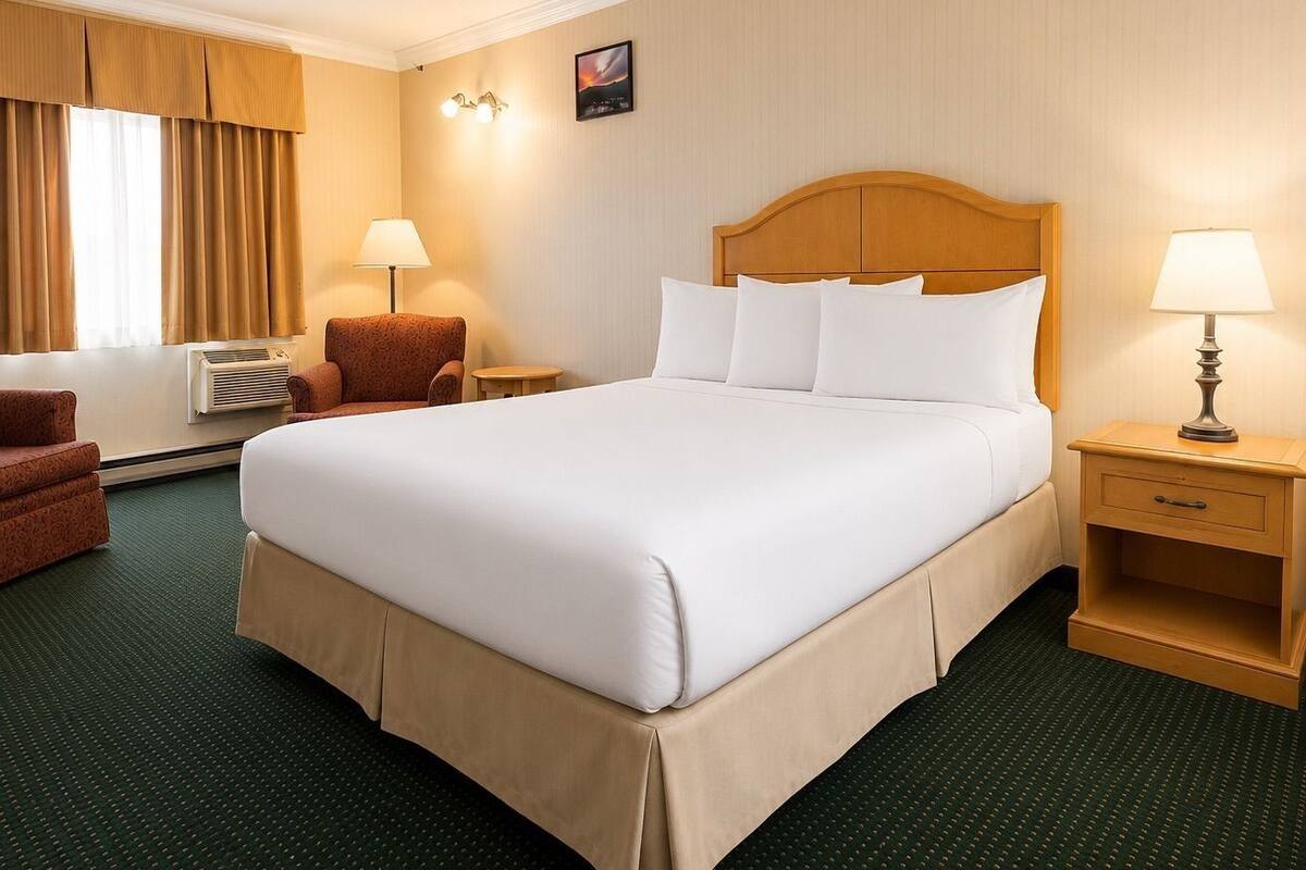 Habitación de hotel con una cama grande, una silla, una mesita de noche, una lámpara, una luz en la pared y una ventana con cortinas.