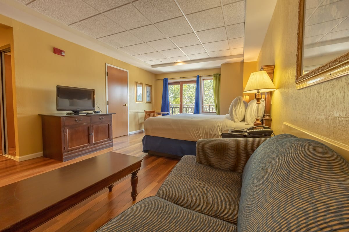 A hotel room with a bed, a TV, a sofa, a lamp, and a window with curtains.