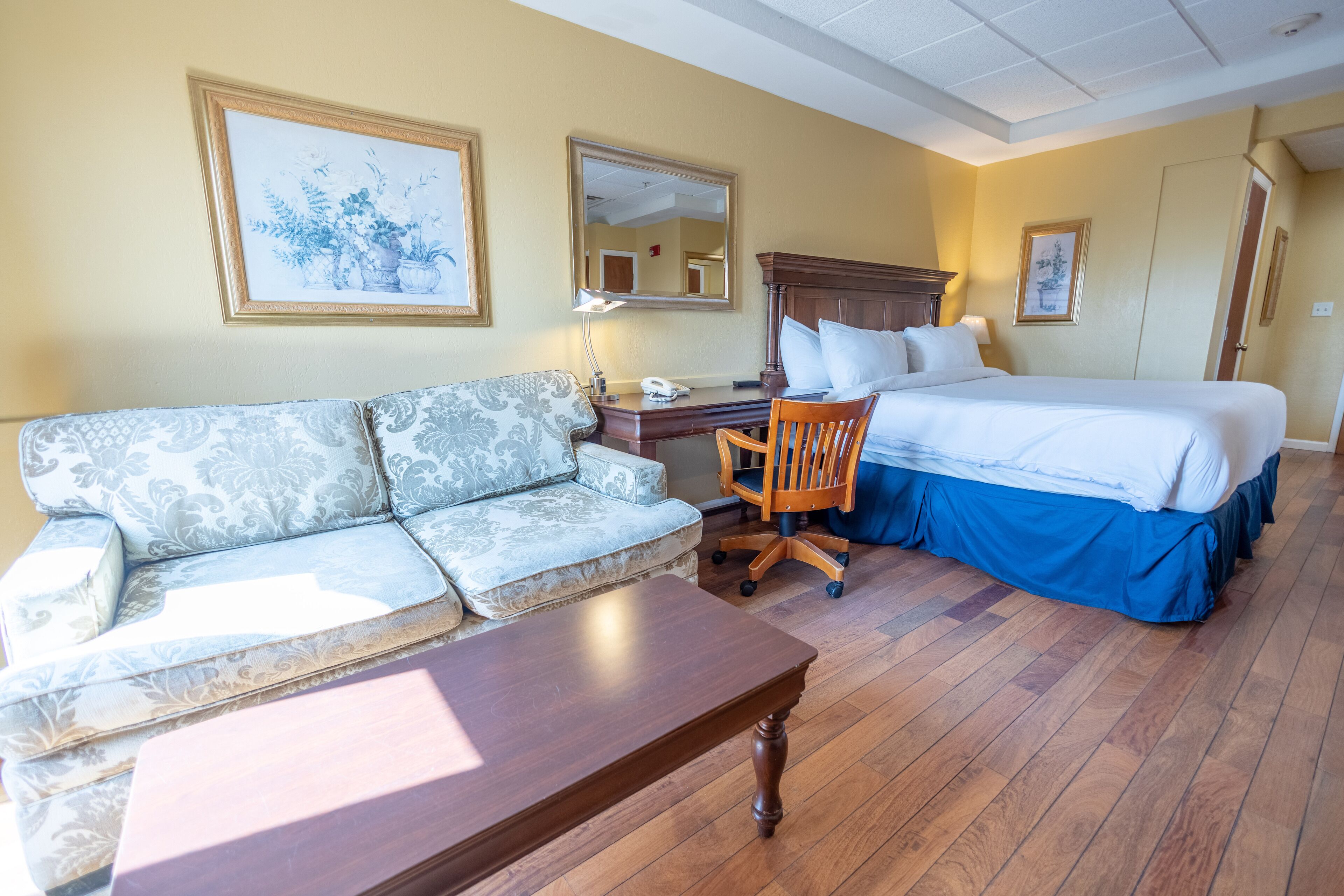 Una habitación de hotel con una cama, un sofá, un escritorio y una silla.