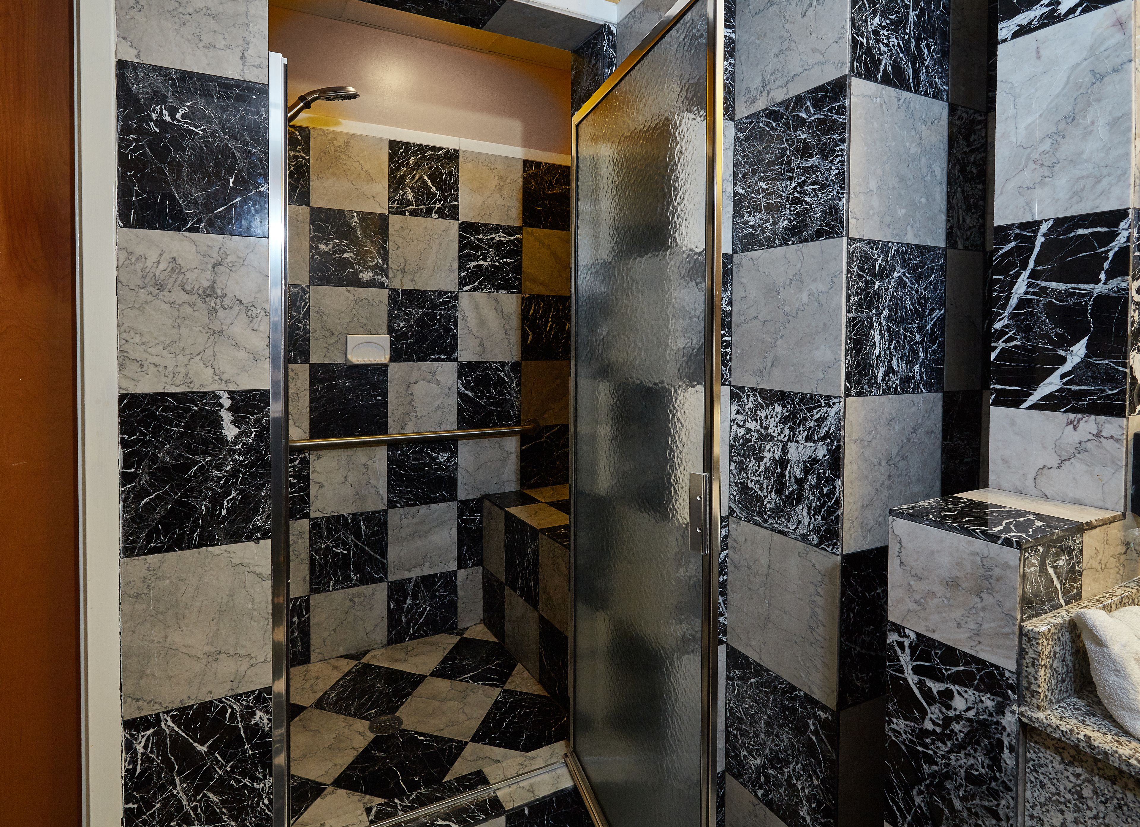 A shower with a checkered tile pattern and a glass door.