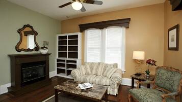 Flat-screen TV, fireplace