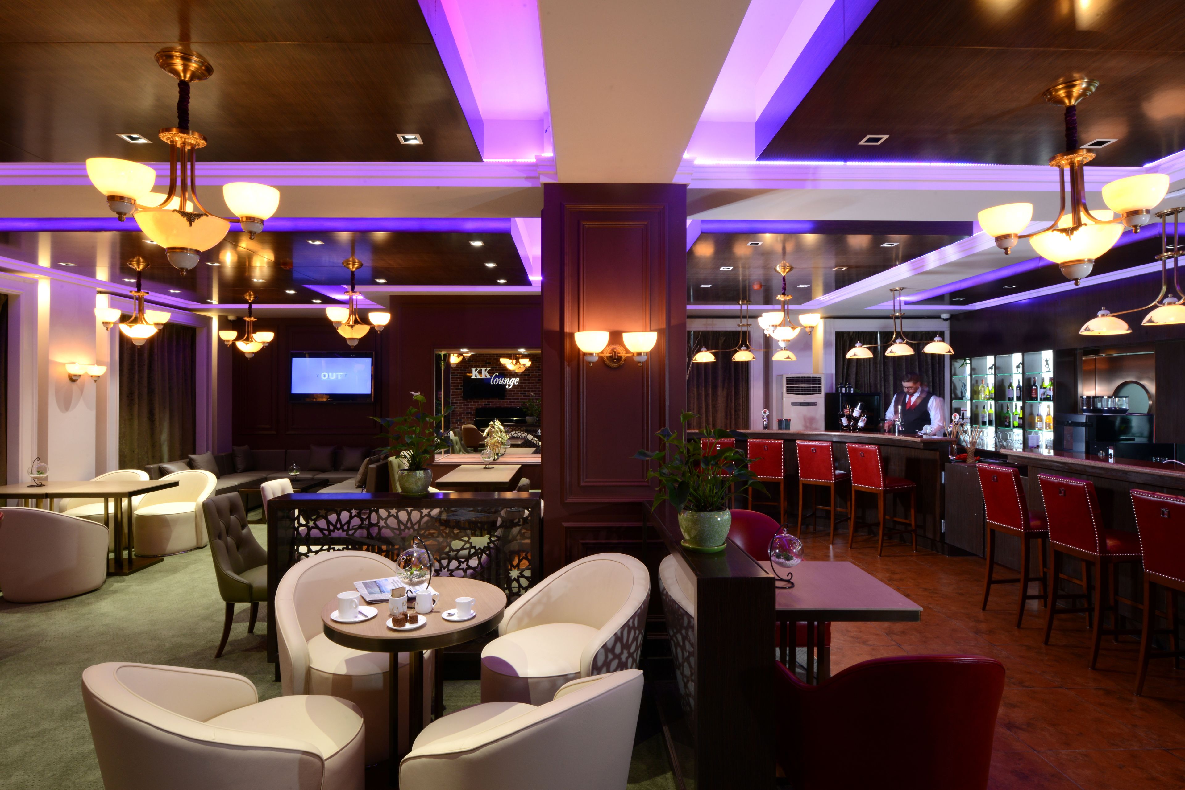 Un área de estar moderna con diversas opciones de asientos, incluyendo sofás y sillones, además de una zona de bar con taburetes.