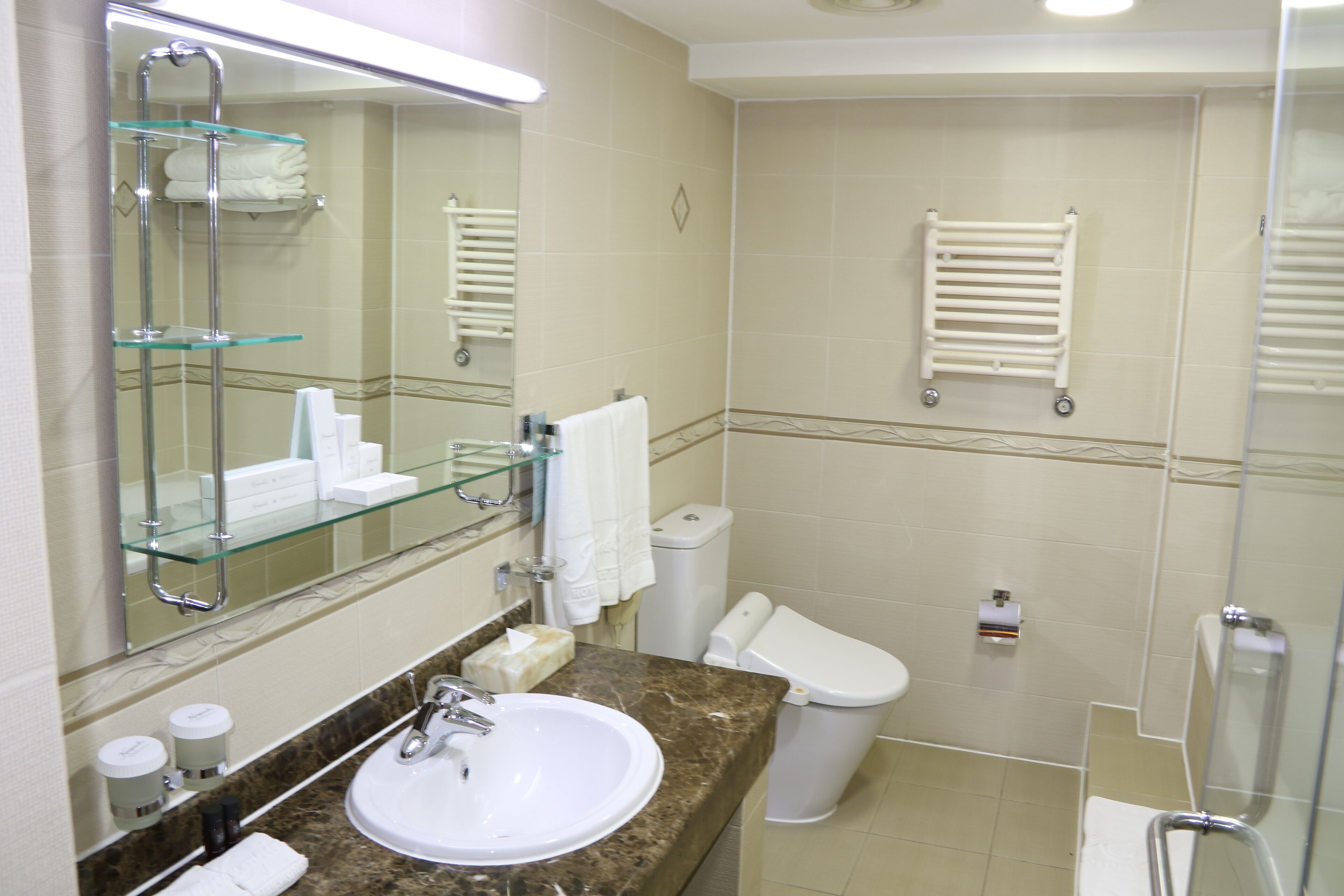 A bathroom with a glass shower enclosure, a white sink, and a toilet.