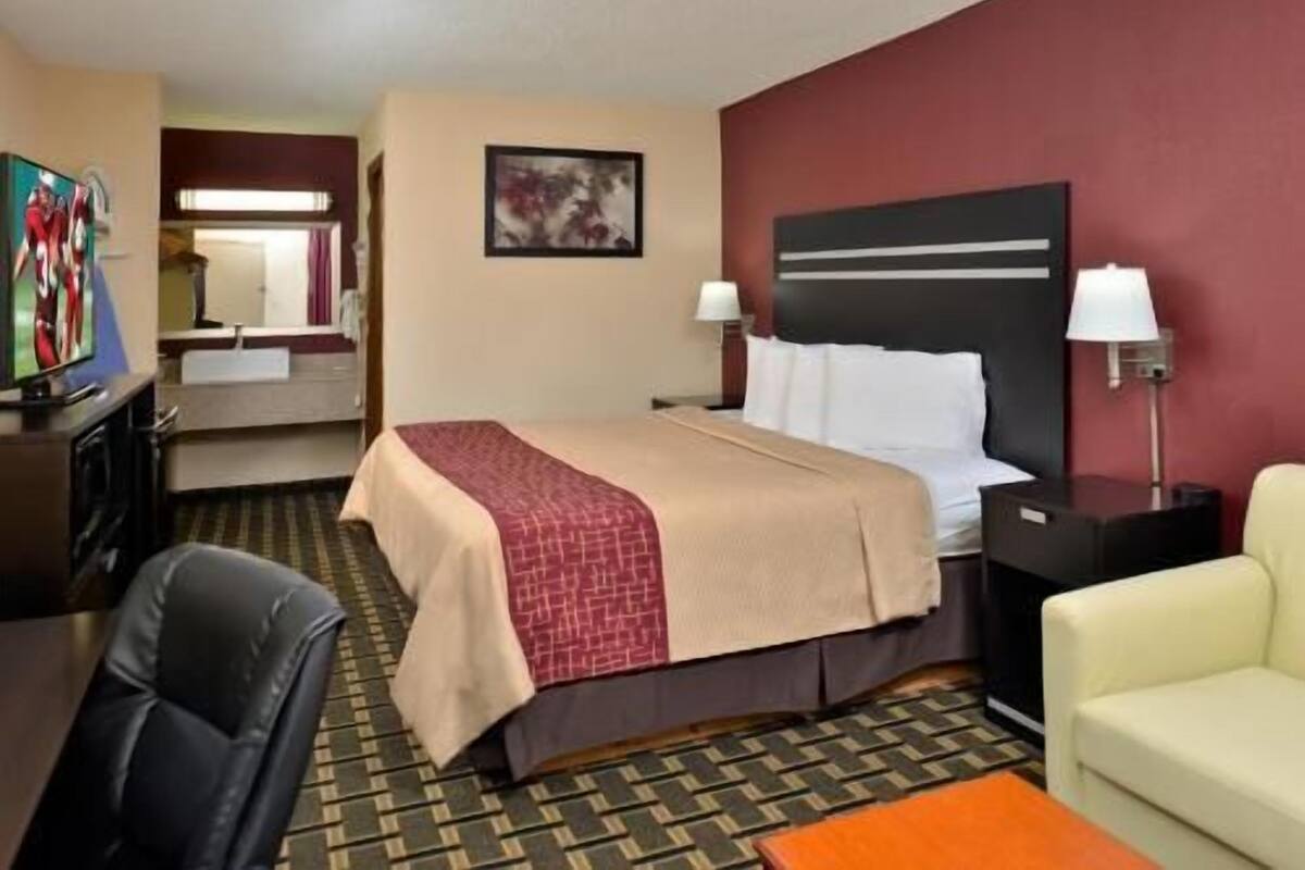 Une chambre d’hôtel avec un lit, un bureau, une chaise, une télévision et un tableau au mur.