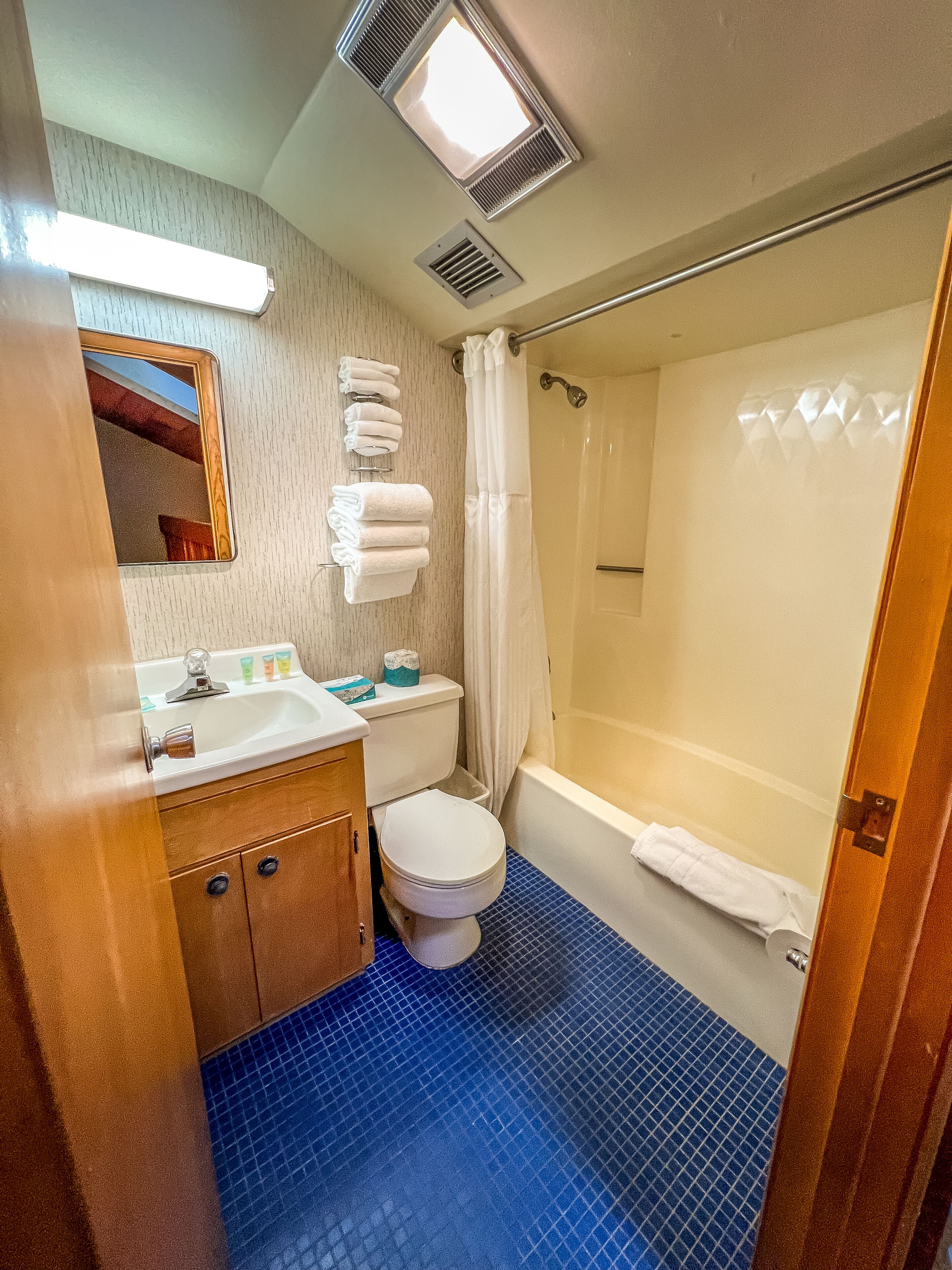 Une salle de bain avec des toilettes, un lavabo et une douche.