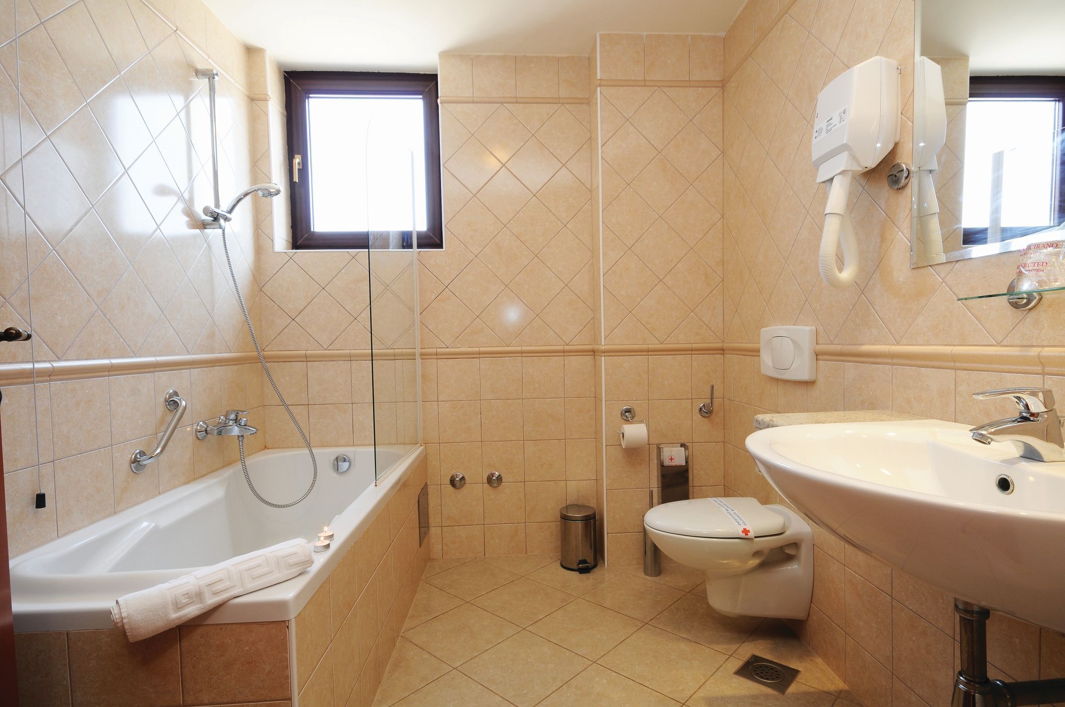 free toiletries, hair dryer, slippers, bidet