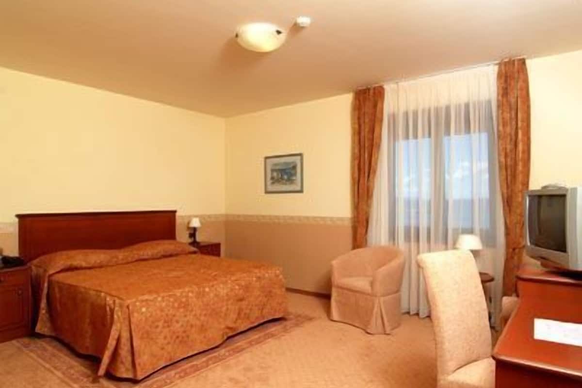 A hotel room with a bed, a chair, a desk with a television, and a window with curtains.