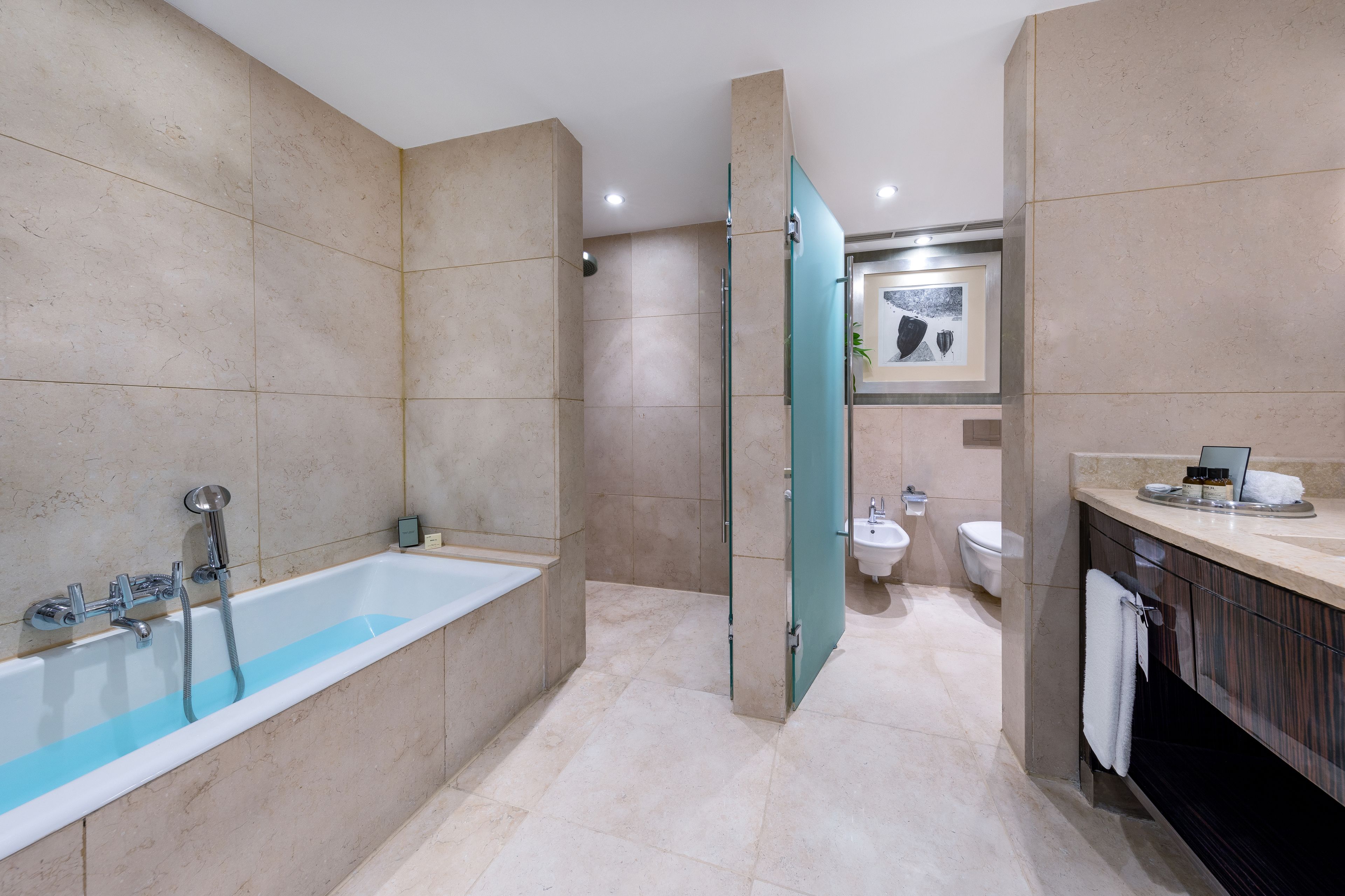 separate bathtub and shower, deep-soaking bathtub, rainfall showerhead