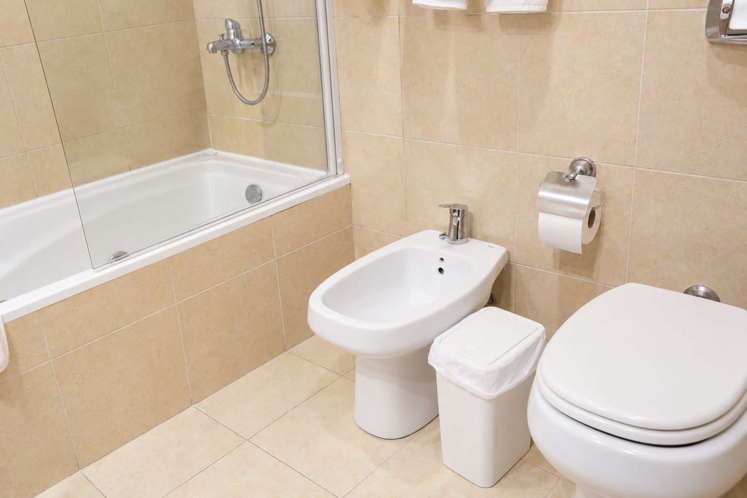 Un baño con bañera, bidé, inodoro y un dispensador de papel higiénico.