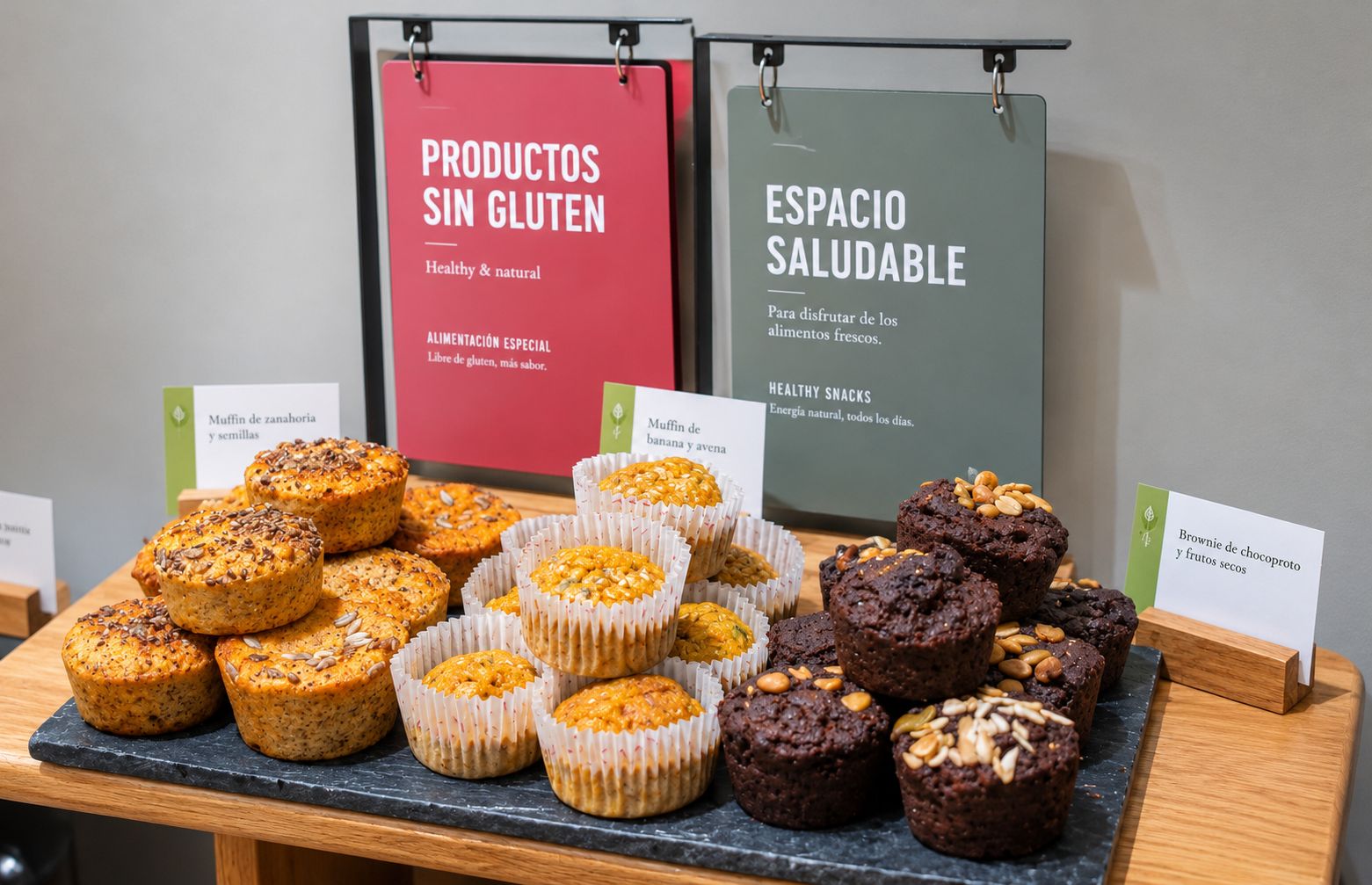 A display of gluten-free and healthy snacks, including muffins and brownies, with labels in Spanish.