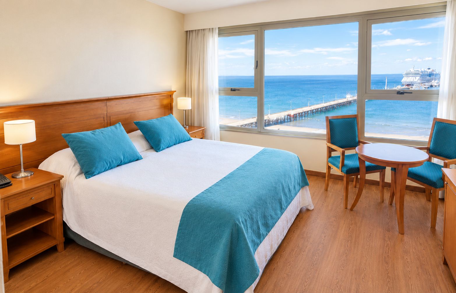 A hotel room with a large bed, a desk with a chair, and a view of the ocean.