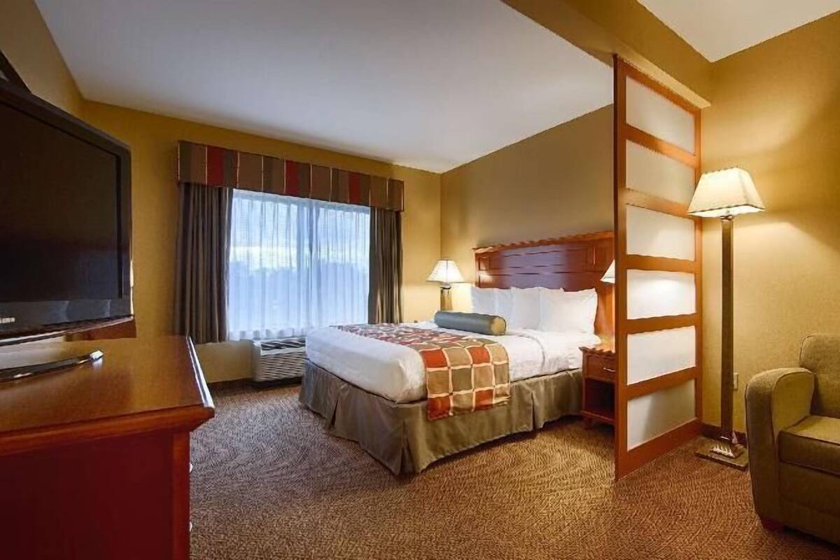 Habitación de hotel con cama, televisor, sofá, lámpara y un cuadro en la pared.