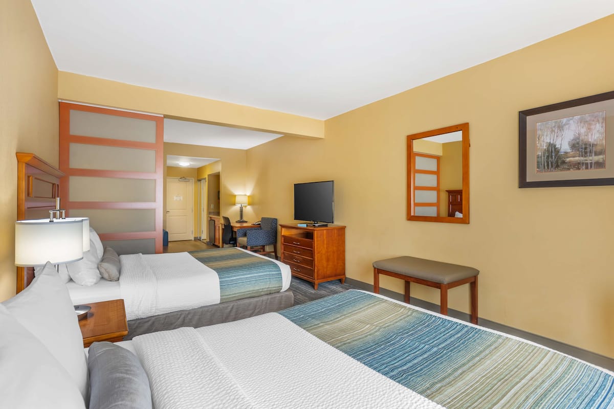 A hotel room with two beds, a desk, a television, a bench, and a mirror.