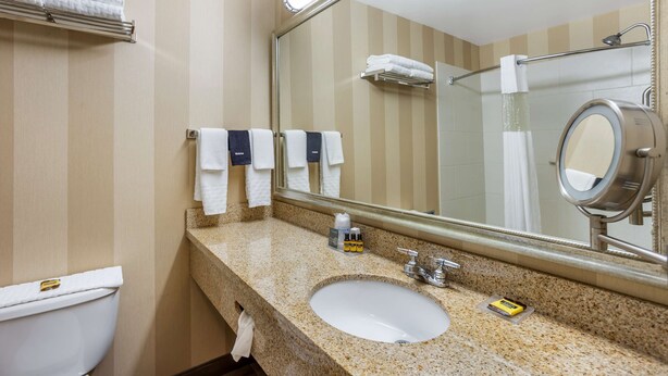 A hotel bathroom with a large sink, a mirror, and multiple towels on the wall. - Best Western Plus University Park Inn & Suites (State College)