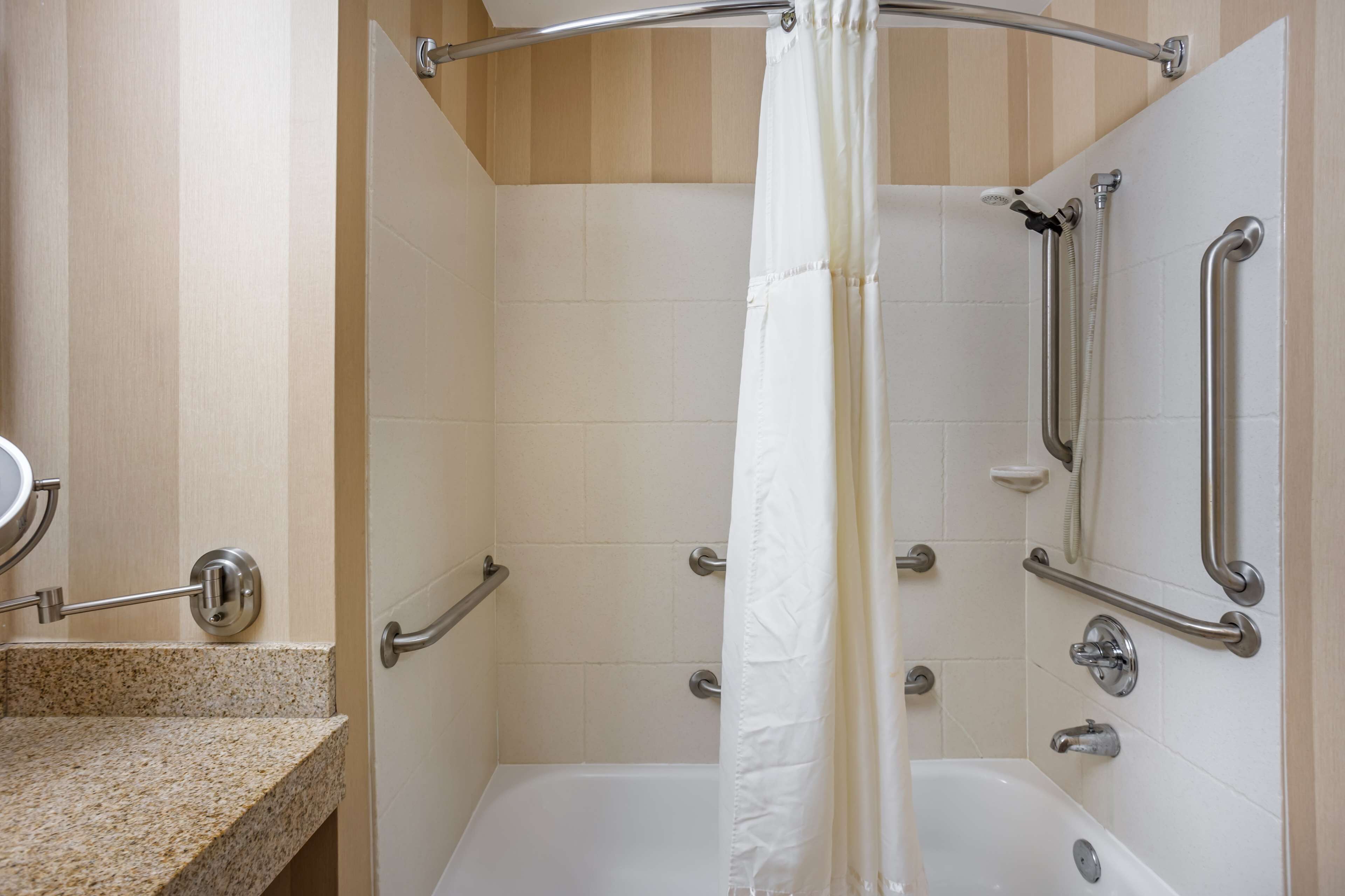 A bathroom with a shower, grab bars, a toilet, and a sink.
