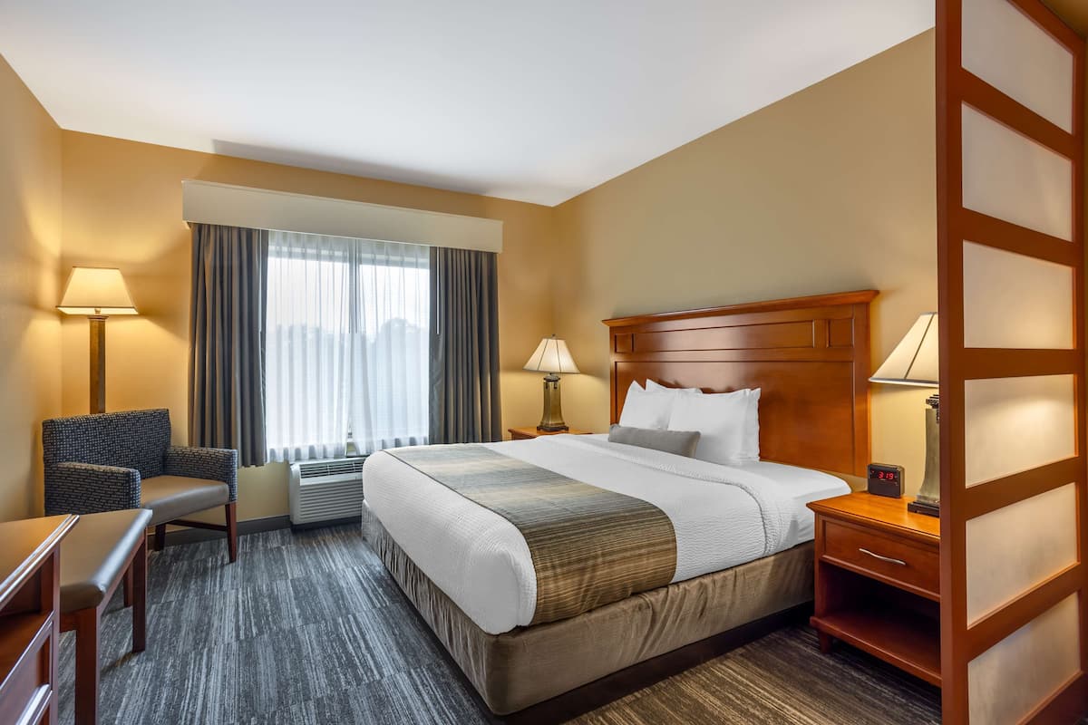 A hotel room with a large bed, a chair, a desk, and a nightstand with a lamp.