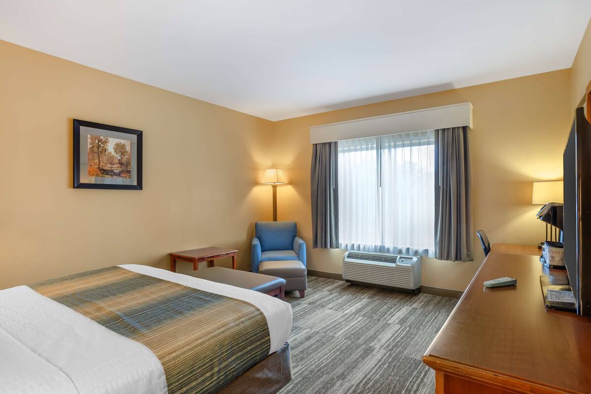 A hotel room with a bed, a desk, a chair, a lamp, an air conditioner, and a window with curtains.