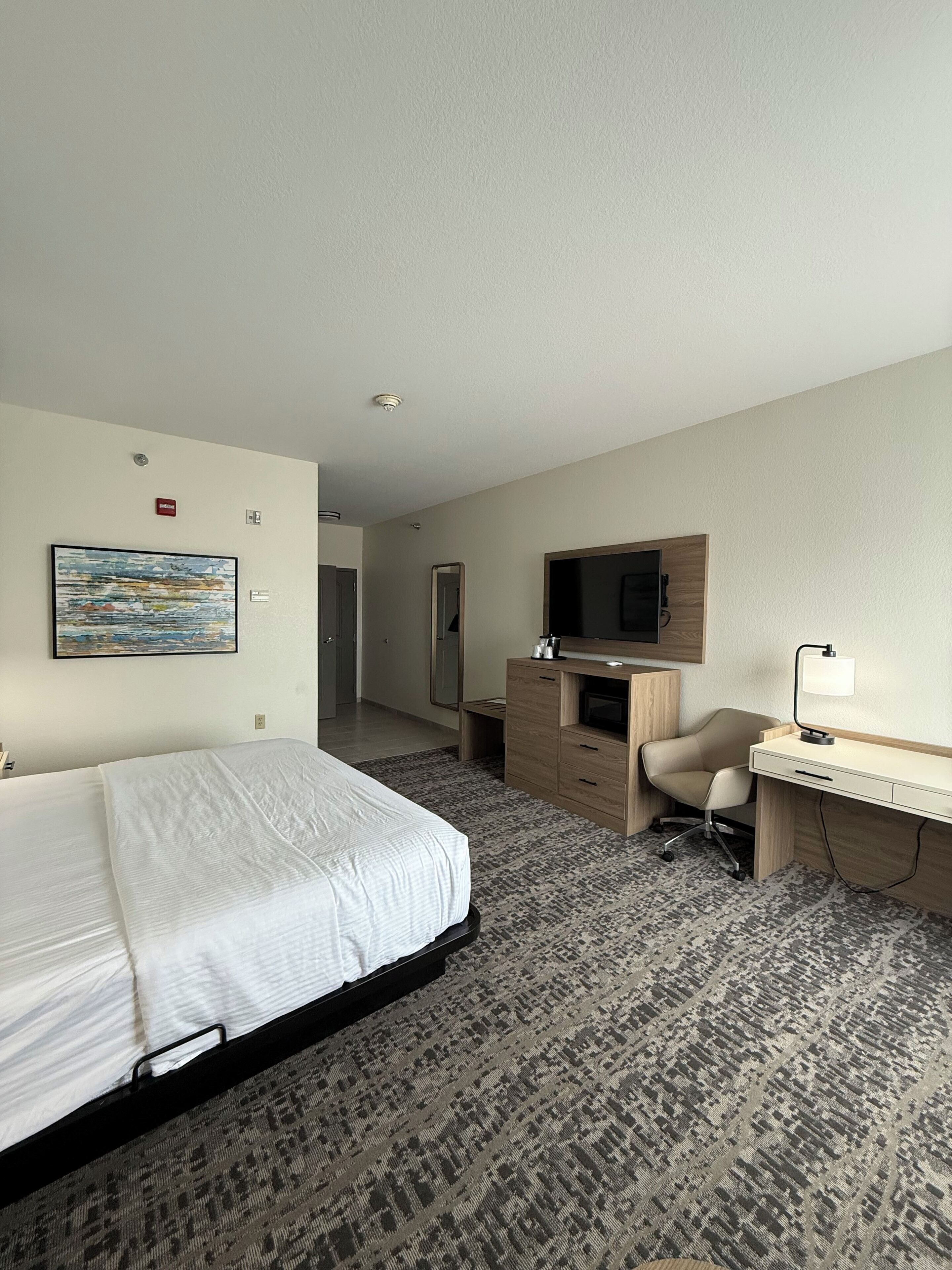 A hotel room with a bed, a desk, a chair, a television, and a painting on the wall.