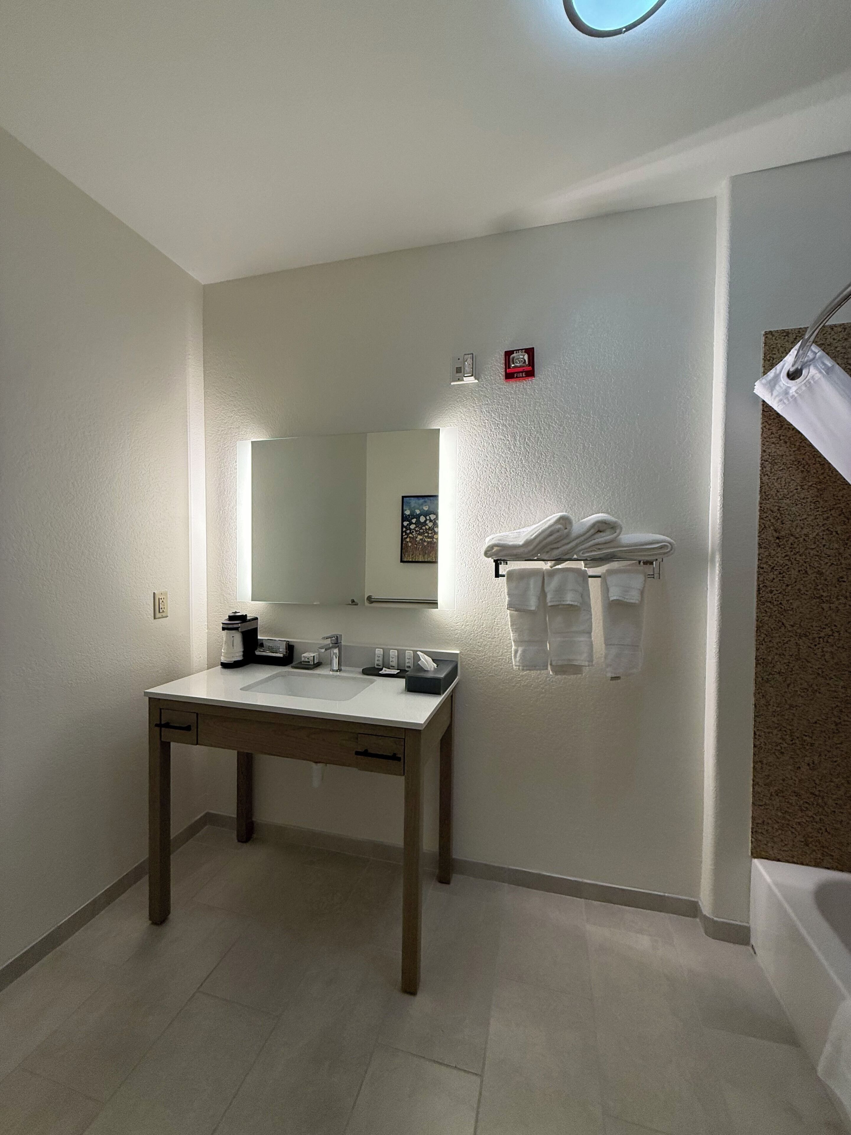 combined shower/bathtub, free toiletries, hair dryer, towels