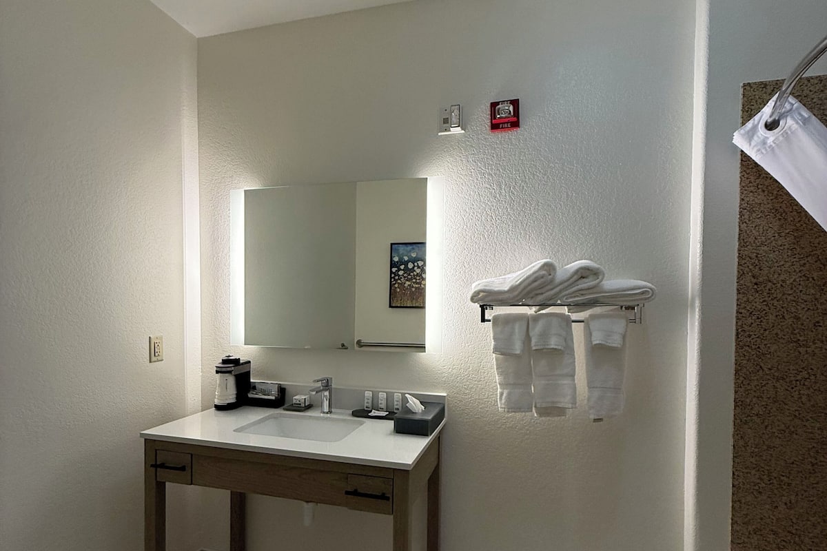 combined shower/bathtub, free toiletries, hair dryer, towels