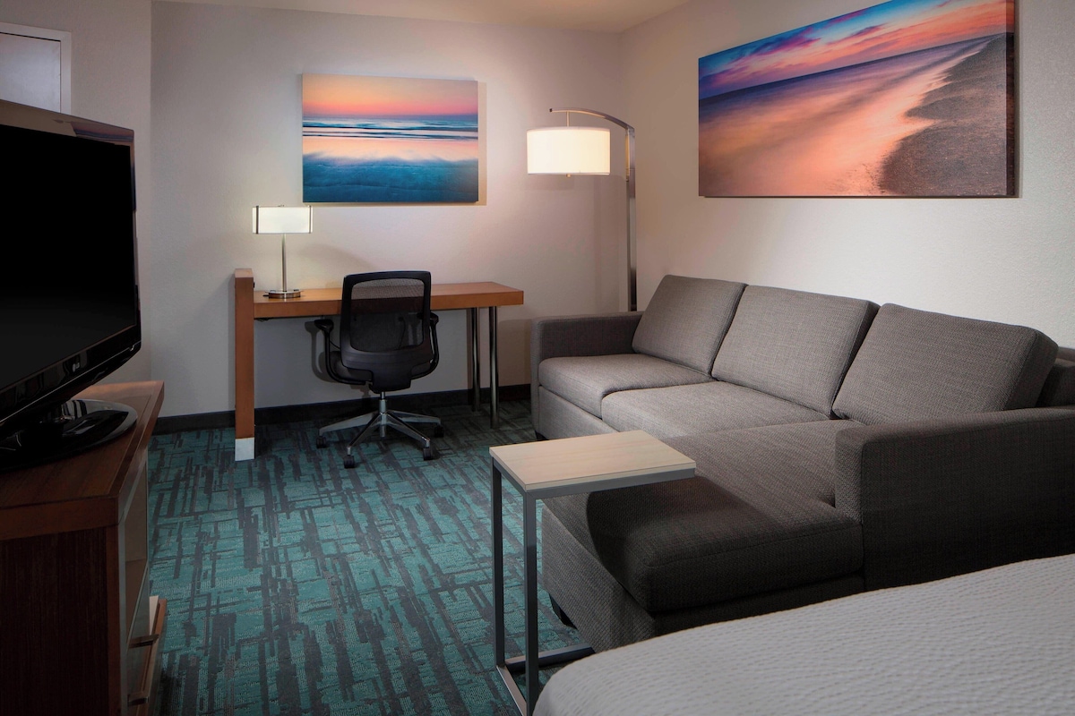 A hotel room with a bed, a gray sofa, a desk with a chair, a TV, and two paintings on the wall.