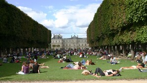 A large open park with people relaxing on the grass, surrounded by tall hedges and a historic building in the background.