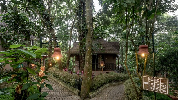 A pathway leading to a building surrounded by lush greenery and trees. There are directional signs with room numbers. - Club Mahindra Thekkady (Peermade)