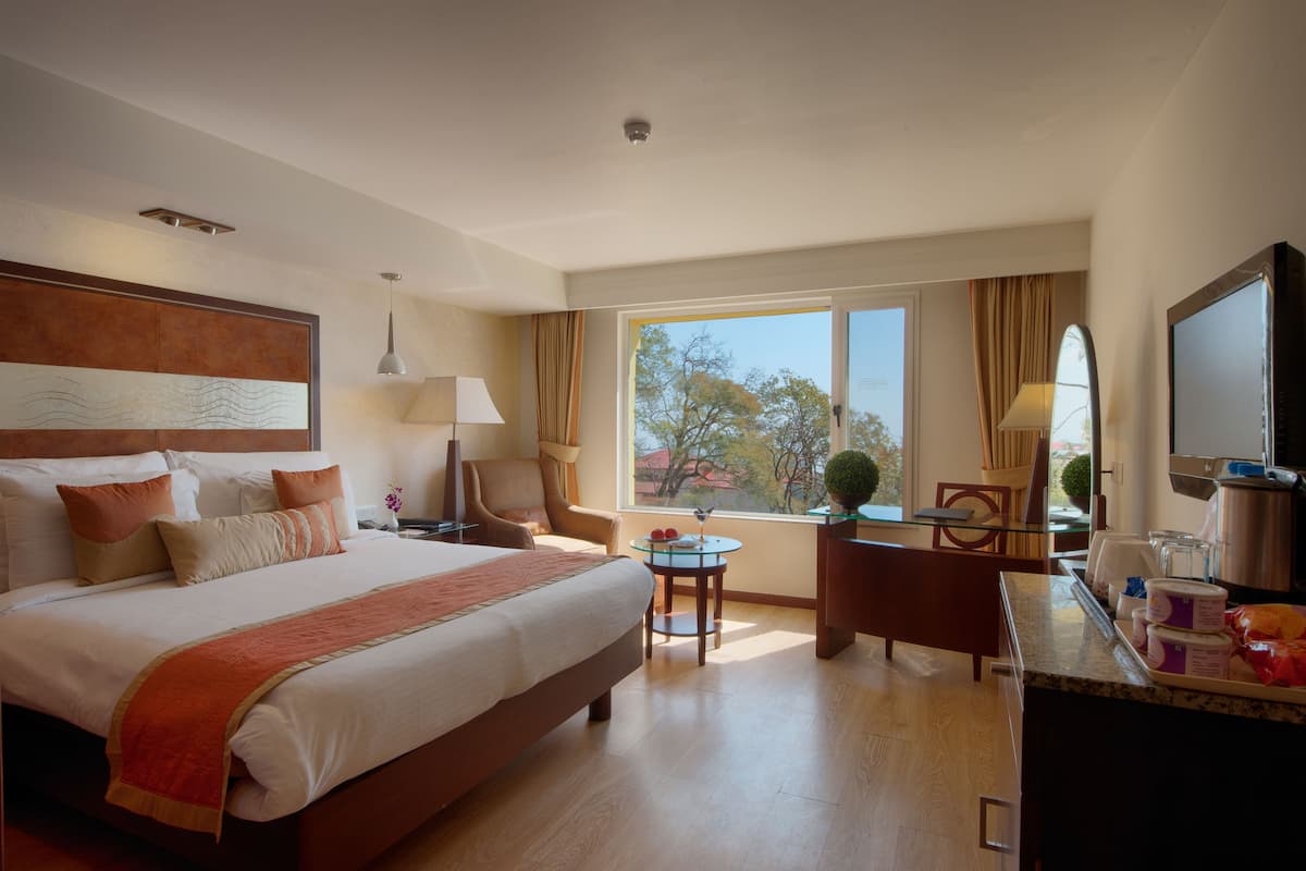 Une chambre d’hôtel avec un grand lit, un bureau, une chaise, une télévision et une fenêtre donnant sur des arbres.